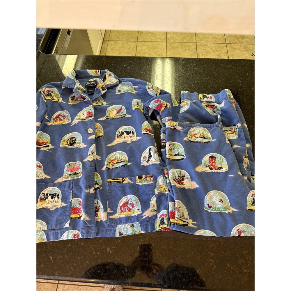 Nick And Nora Pajamas Snow Globe States US Flannel‎ Sz Sm Blue Sleepwear FLAWS